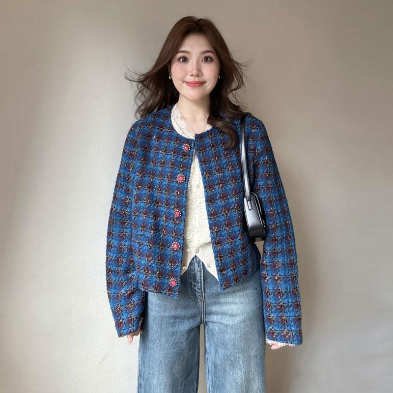 Blue Tweed Short Jacket for Women 2024 Autumn and Winter New Loose Slimming Look Retro Petite Top