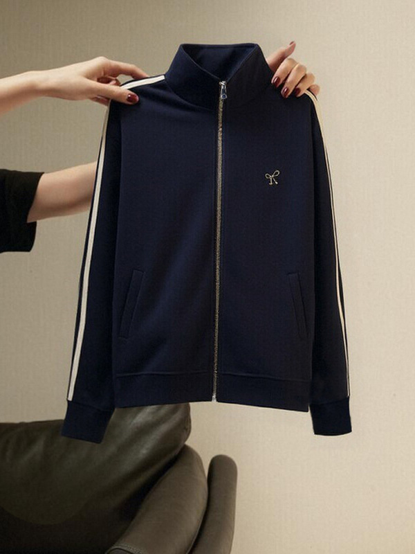 藏蓝色条纹拉链卫衣外套女春秋款2025秋冬外搭运动夹克开衫上衣|undefined
