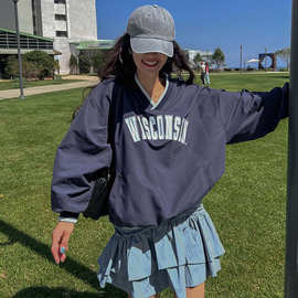韩国chic秋冬法式海军领撞色双排扣宽松大口袋长袖保暖毛呢外套女