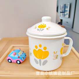 可爱印花复古搪瓷杯家用怀旧带盖搪瓷杯郁金香兔子印花水杯搪瓷杯