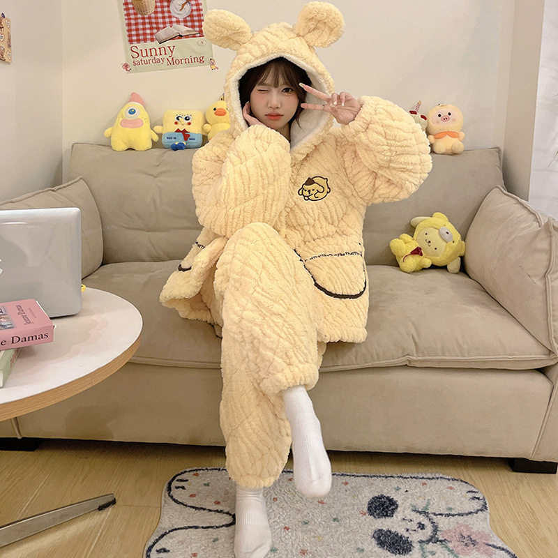 새로운 겨울 잠옷 여성용 3 층 면 패딩 재킷 두꺼운 면 잠옷 따뜻한 산호 양털 홈 의류 세트