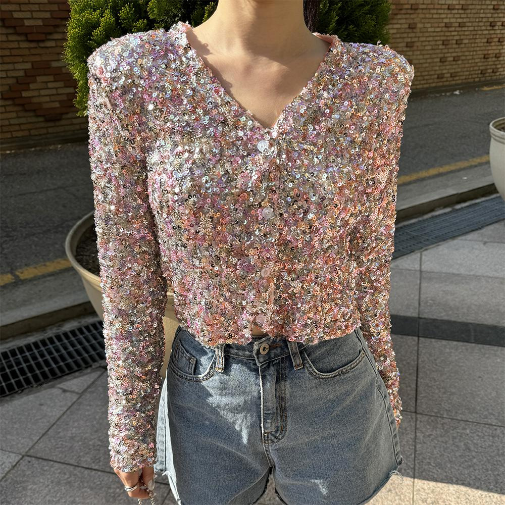 2025 nueva Europa y América Amazon manga larga ciudad de color casual suelta chaqueta de cuello V camiseta de ropa superior de mujer image 4