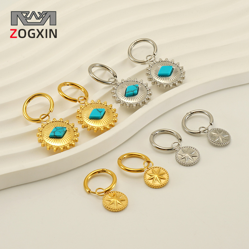 Pendientes de girasol de acero inoxidable estilo étnico transfronterizo azul turquesa Polka Dot retro pendientes bohemios de estilo nacional para las mujeres