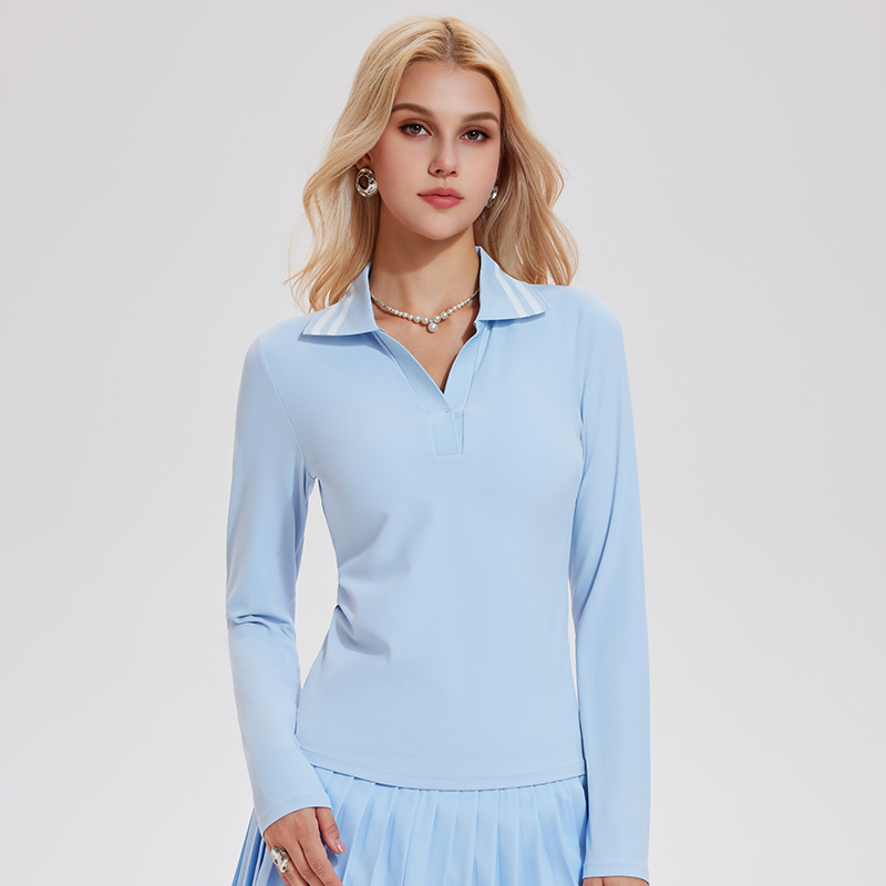 V-collar chaqueta de tenis de mangas largas camiseta de polo deportiva con solapa camiseta de negocios de golf casual chaqueta de ejercicio de secado rápido