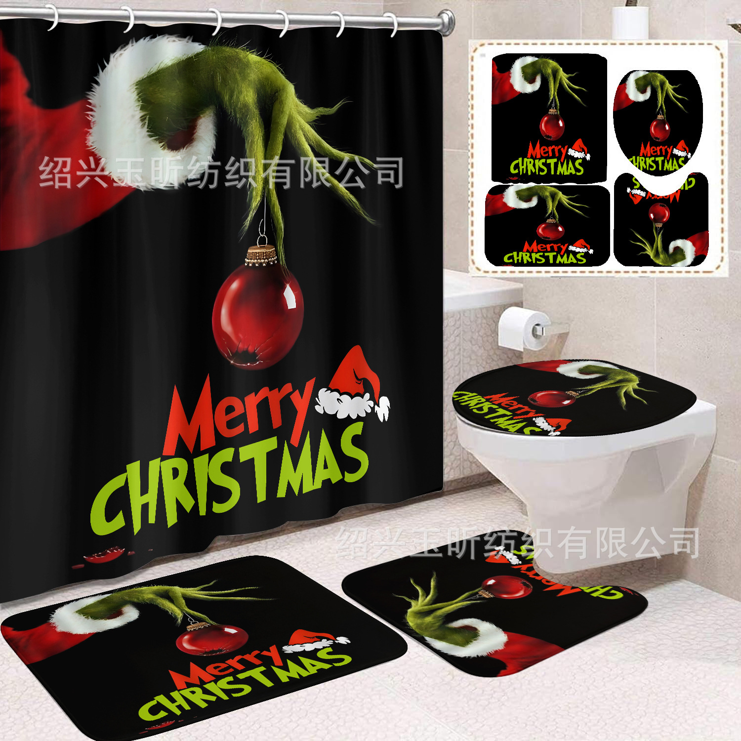 Tela de cortina de ducha transfronteriza, cortina de ducha impermeable, alfombra antideslizante de baño, juego de Grinch 4 de pelo verde al por mayor, sin perforación