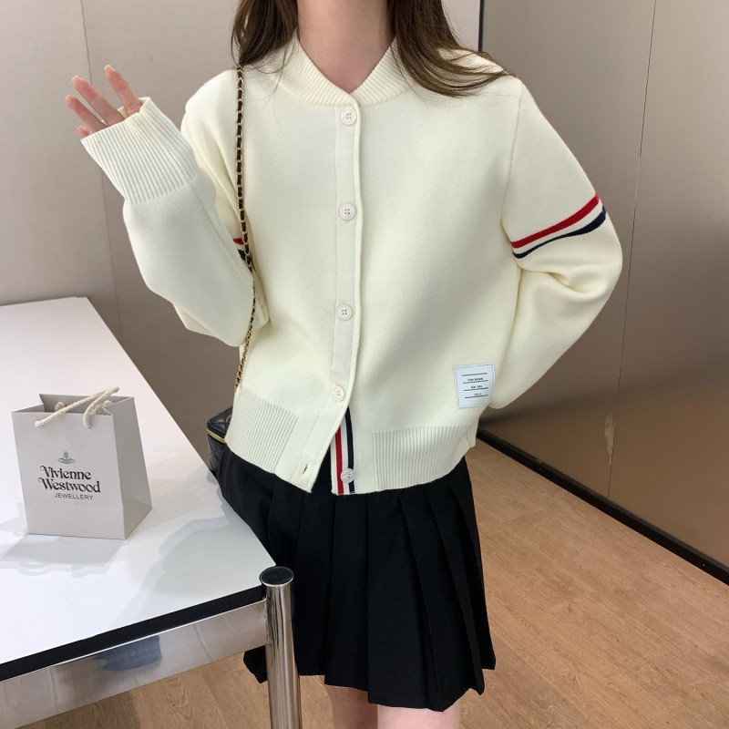 学院风双杠袖减龄针织开衫女圆领棒球服夹克休闲百搭毛衣外套潮|undefined