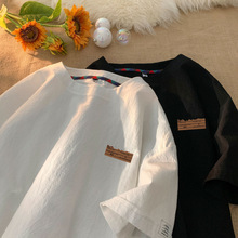 贴标亚麻短袖T恤男士夏季潮牌大码宽松透气体恤潮流棉麻衣服男款