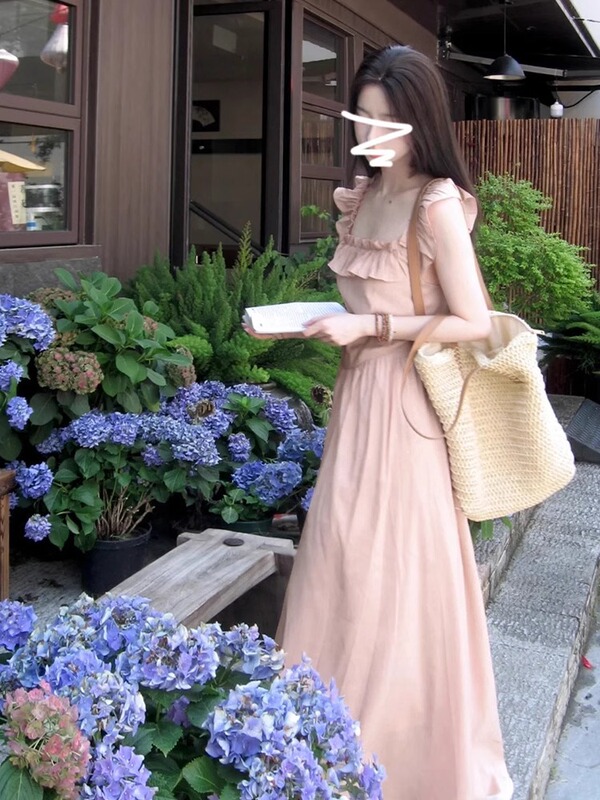 Sweet Pink Flying Sleeve dress Children's Summer 2025 New Square Collar Waisted Gentle French Style Fairy Dress