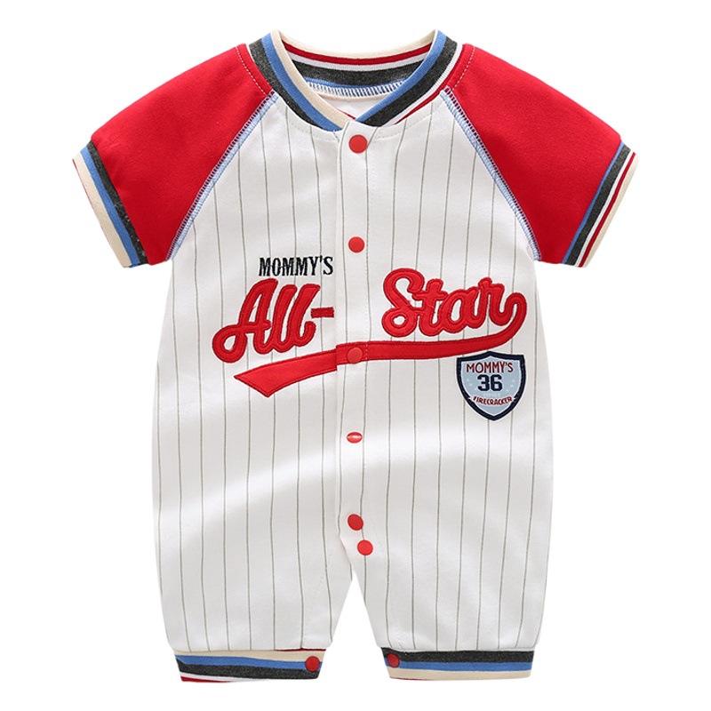 Bebé ropa de una sola pieza de algodón puro 100 días Bebé ropa de verano de los hombres de manga corta de moda guapo Delgado uniforme de béisbol mameluco
