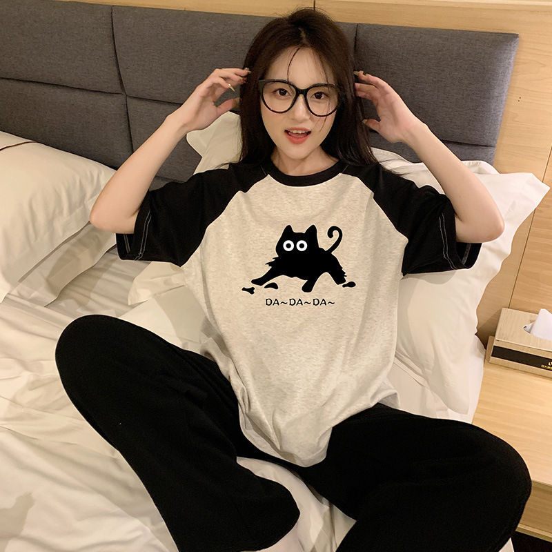 Summer Ins Style Naughty Kitten Cute New Pajamas Women's Summer Suit Round Neck Short-Sleeved Pants Thin Cotton Home Clothes Summer Ins Style Naughty Kitten Cute New Pajamas Women's Summer Suit Round Neck Short-Sleeved Pants Thin Cotton Home Clothes