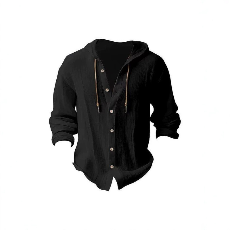 Cross-Border Amazon 2026 New Spring and Summer Men's Hooded Shirt Solid Color Men's Hawaiian Casual Long-Sleeved Top