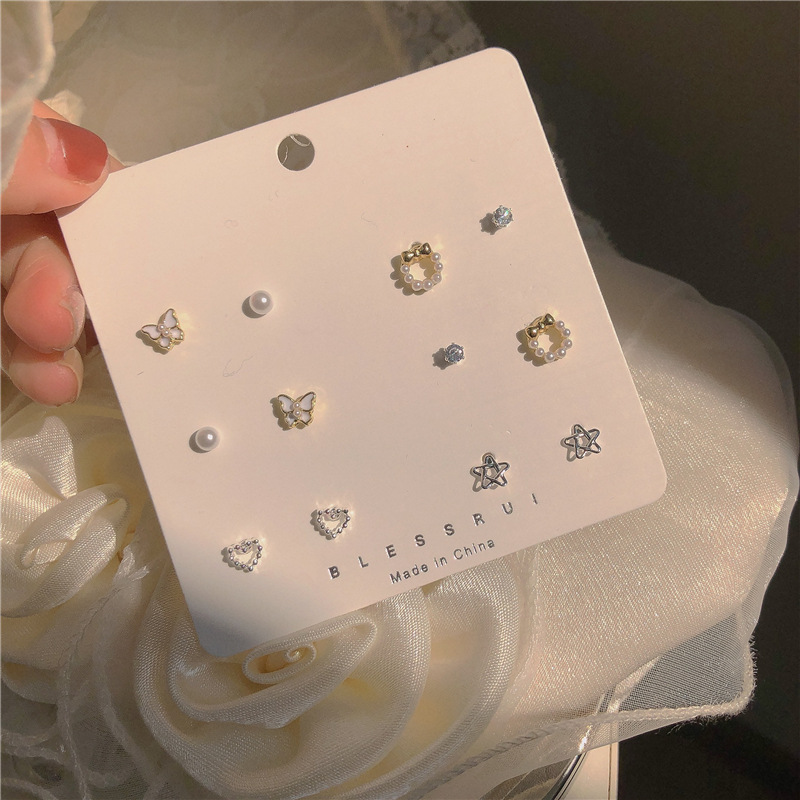 Alloy Material Star Pattern 2022 Spring New Cute Star Bow Heart Pearl Earrings Set