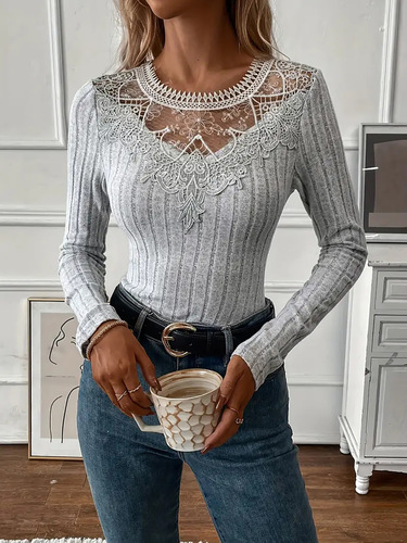 European and American Amazon Women's Top New Long-Sleeved Top 2025 Autumn/Winter Fashionable Casual V-Neck Lace