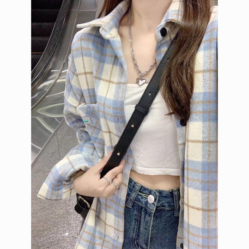 春秋新作の青い格子のシャツのコートの女性の香港風の小さい大衆はカップルのシャツのins潮の学生の上着を設計します。|undefined