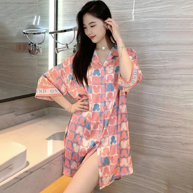 Pijamas de verano de mujer, falda de seda delgada y sexy, camisa simple, falda de pijama casera suelta, comercio exterior