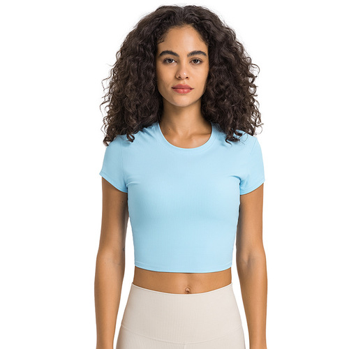 New SPR ribbed high-strength elastic shaping fitness yoga clothing round neck slimming sports short-sleeved women
