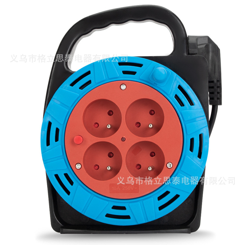 外贸跨境法式圆盘大批发可伸缩电线四孔5米延长线线盘带开关插座