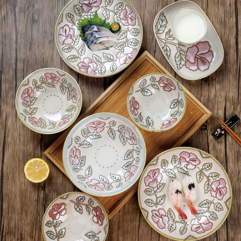 Japanese imported tableware ceramic red red flower rice bowl disc underglaze color deep plate household Japanese dish dish