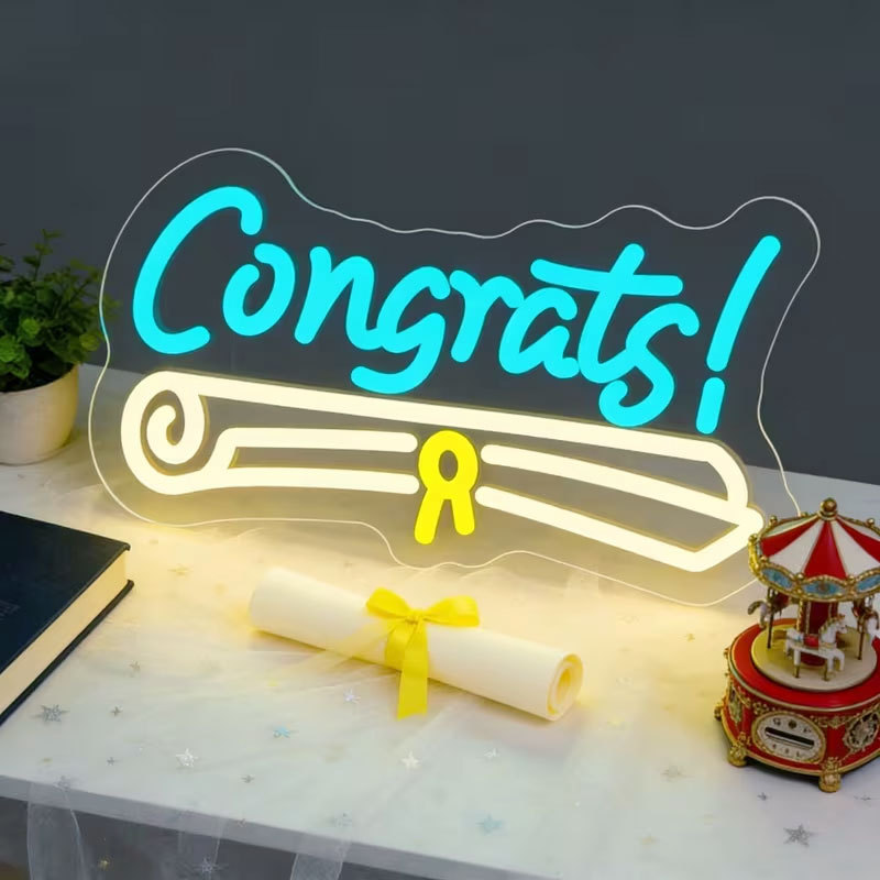 "Congrats!" Neon sign, USB powered LED neon light with adjustable brightness switch.