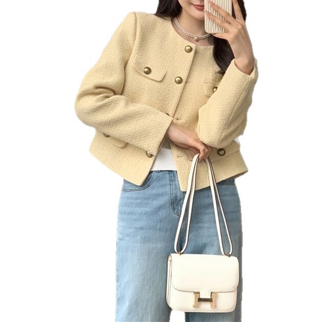 法式名媛甜美小清新修身显瘦chic黄色小香风短款外套女高级感小众|undefined