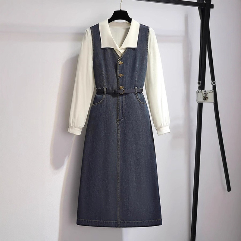 Long Skirt, Tea Break, Autumn New Style, Denim Suspender Skirt, Waist-Cinching Skirt, Vest Dress, French Style