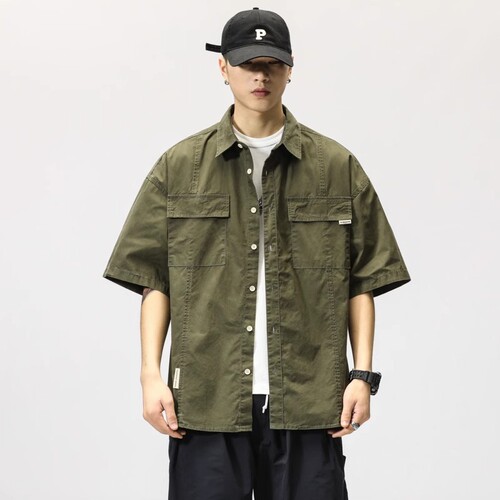 Japanese-style workwear short-sleeve shirt for men, cool and stylish olive green streetwear brand explosion street fashion mid-sleeve half-sleeve top shirt