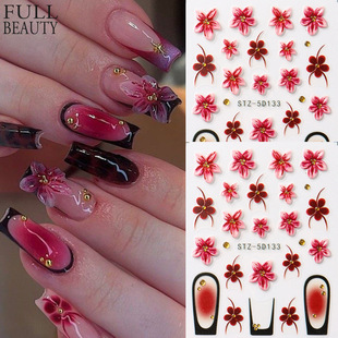 Cross-Border New Nail Art Stickers Embossed 5D Stereo Burgundy Flower French Black Border Blush Nail Stickers