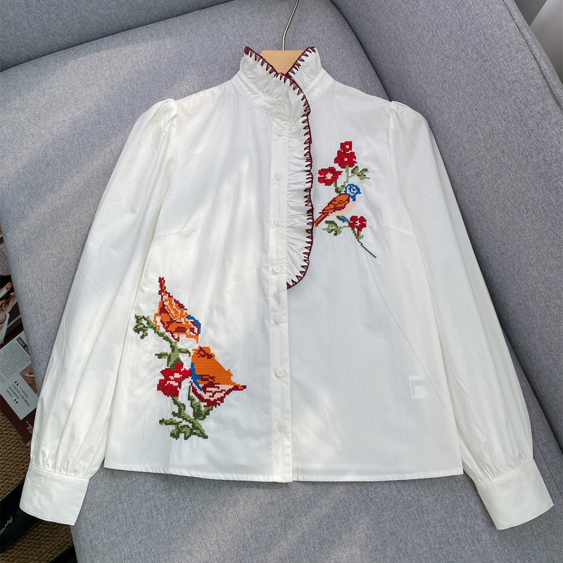 French Lady Style Heavy Floral and Bird Cross Embroidery Shirt with Unique Lace Stand Collar Casual Commuting Long-Sleeve Top for Autumn