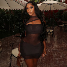 欧美风跨境个性潮人女装性感透视修身包臀裙镂空高领纯色短连衣裙