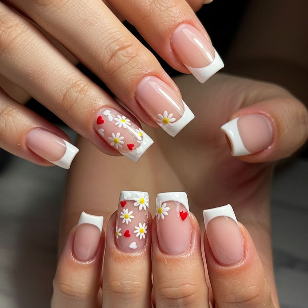 Uñas postizas 3D estilo francés con diseño de margarita, puntas de uñas color nude rosa estilo INS, 24 piezas de uñas postizas al por mayor. image 1