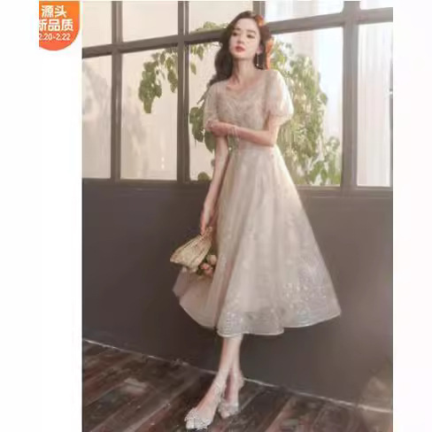 Champagne Evening Dress Banquet Elegant French Dress Can Wear Fairy Style Mid-length Bridesmaid Dress with Bubble Sleeves