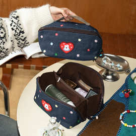 刺绣小狗牛仔化妆包便携旅行出差迷你便携口红卡包大容量收纳包