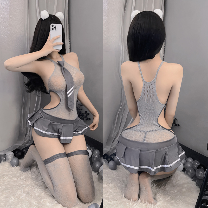 Sexy lencería sexy dulce chica fresca traje estudiante hueco uniforme medias tentación de una sola pieza de malla falda de verano