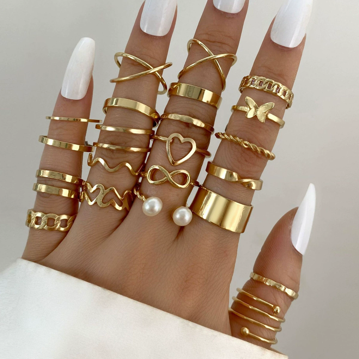Set, one size ring, decorations, European style, 18 carat white gold, gold and silver