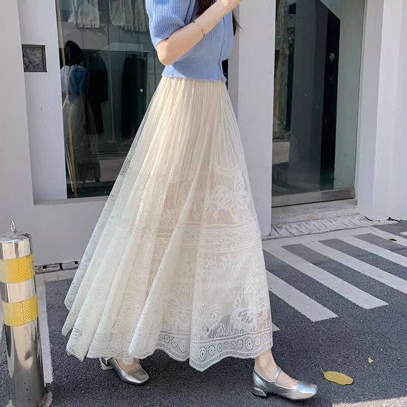 Fairy Hollow Lace Skirt Women's Summer New Mid-length Skirt to Foot Naked High Waist Slimming A- line Large Swing Skirt