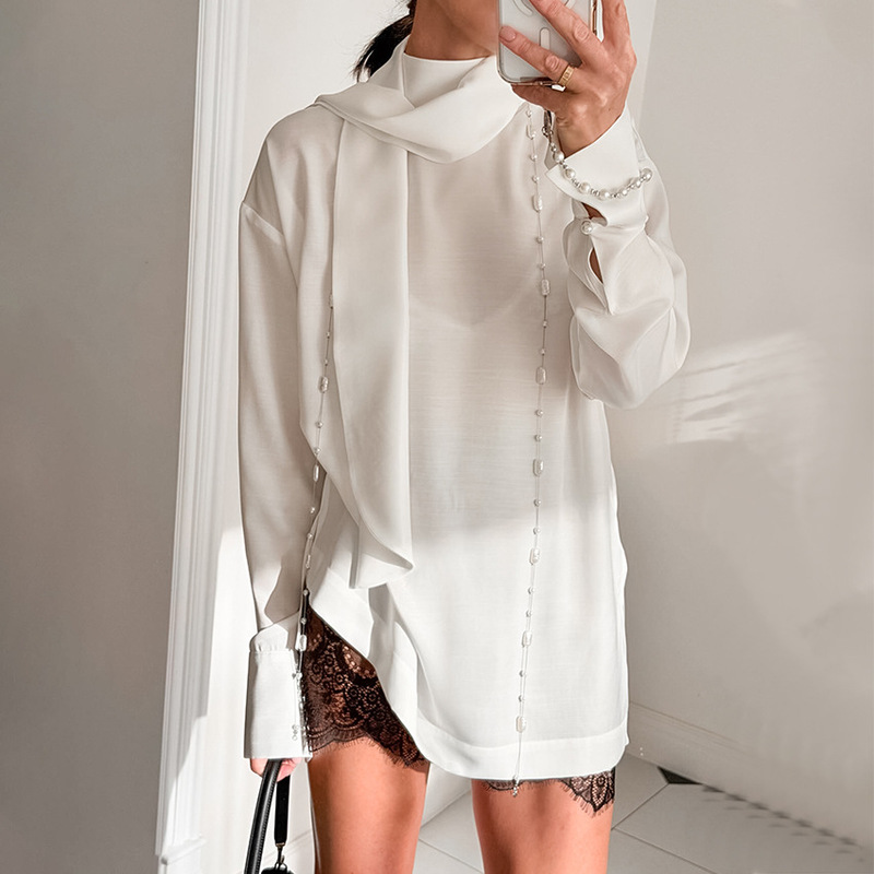 Spring and Summer New Style Elegant High-Neck Shirt, Casual Loose Drapey Top, Fashionable Versatile Tie Shirt for Work Spring and Summer New Style Elegant High-Neck Shirt, Casual Loose Drapey Top, Fashionable Versatile Tie Shirt for Work