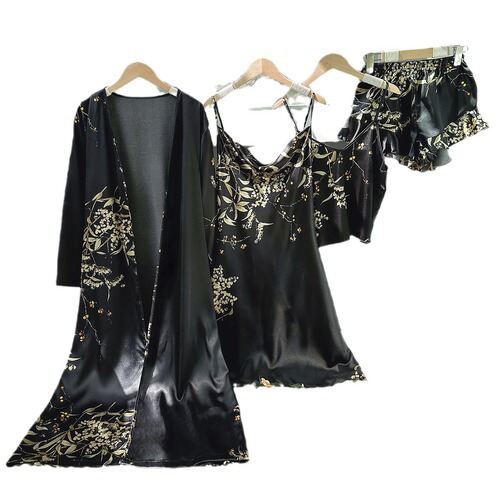 Simple Five-Piece Set Floral Wheat Grain Nightgown for Women, Thin Robe with Straps, Shorts with Straps, Home Set