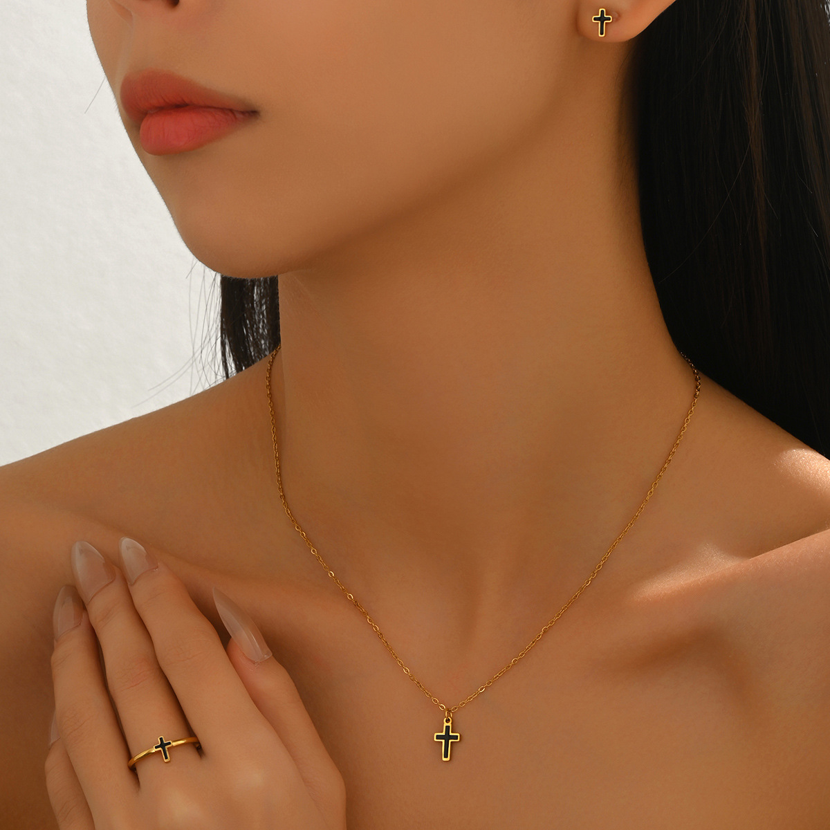 Orecchini a forma di croce geometrica con effetto goccia d'olio, collana lunga abbinabile, set di gioielli da mano in stile europeo-americano, regalo di gioielli alla moda per la fidanzata_voghion.com
