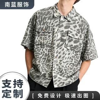 新款潮流豹纹工装衬衫夏季潮牌时尚休闲短袖男士上衣跨境热销