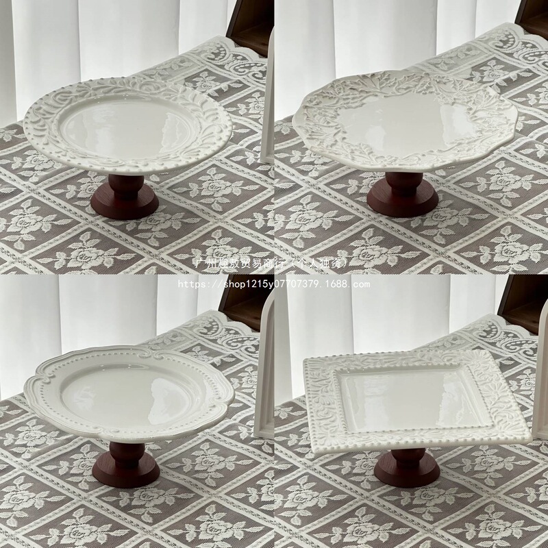 French Lace Ceramic Tall Plate Cake Plate Ins Style Round Afternoon Tea Dessert Snack Plate Exquisite Display Plate