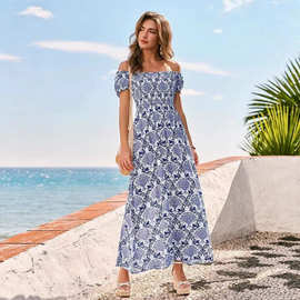 新品欧美服装跨境外贸亚马逊速卖通女装爆品碎花优雅长款连衣裙