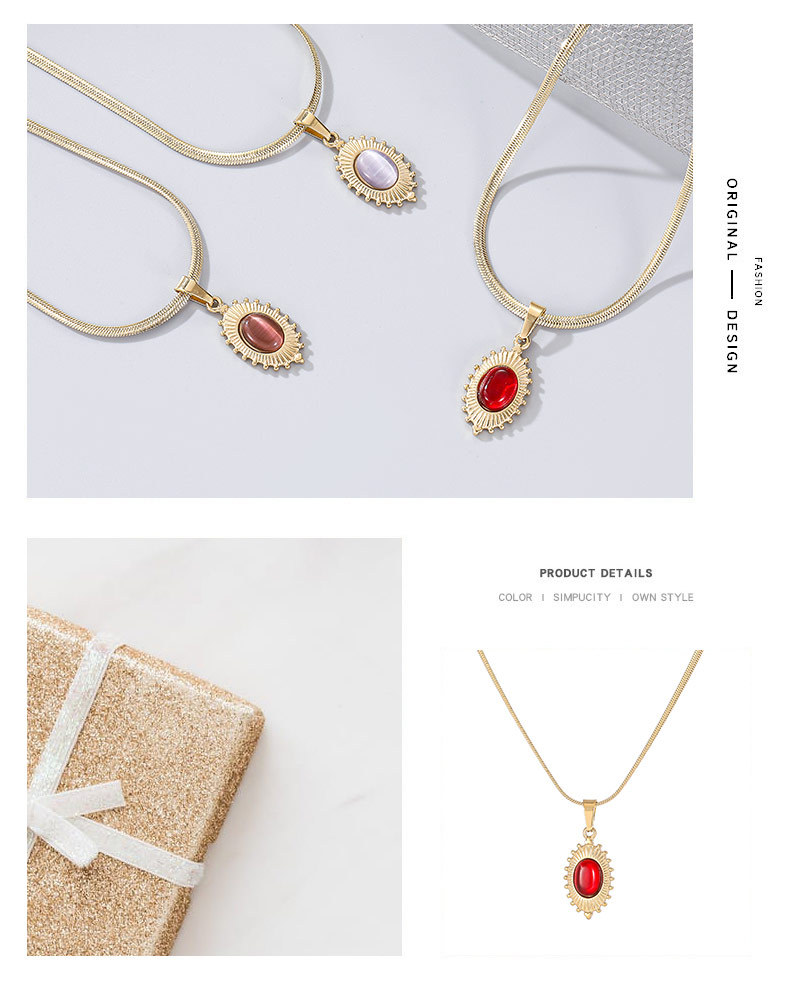 Fashion Oval Titanium Steel Plating Inlay Artificial Gemstones Pendant Necklace Colorza_colorza_2