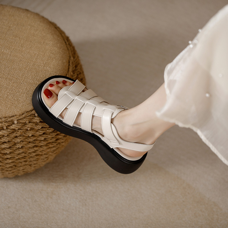 Genuine Leather Thick-Soled Roman Sandals for Women 2025 New Summer Fairy Style Clogs Heightening Woven Sandals Small Size