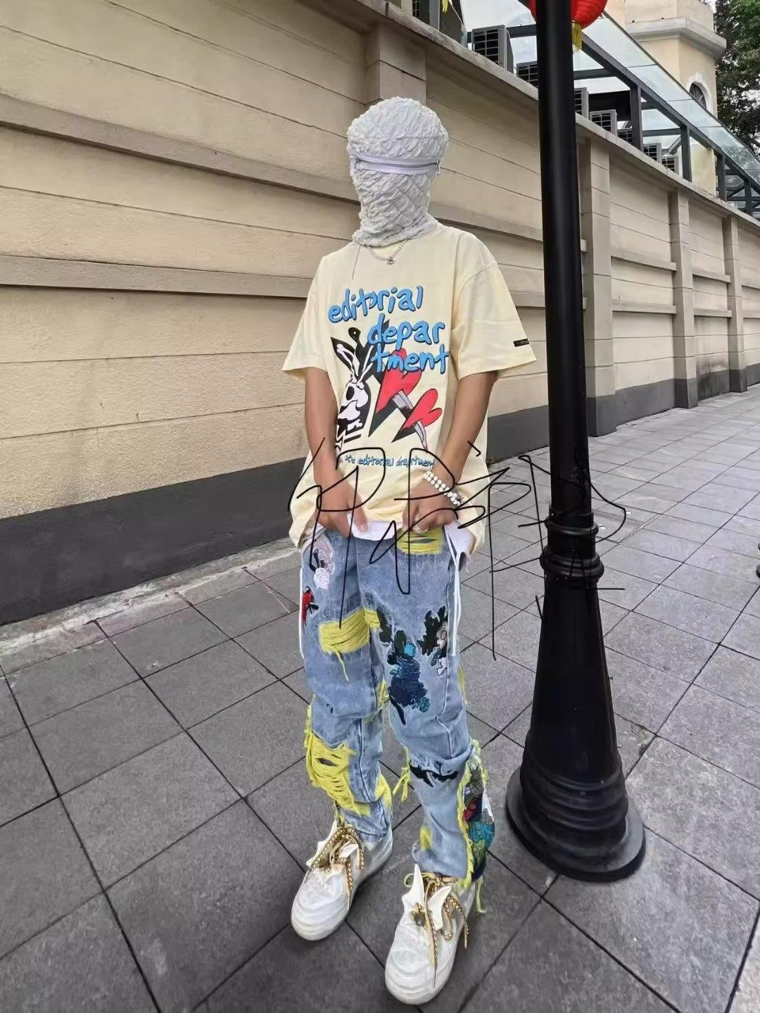 Heavy Embroidered Ripped Jeans American Hong Kong Style Street Fashion for Men And Women mid Waist Straight Pants Blue Long Brushed_voghion.com