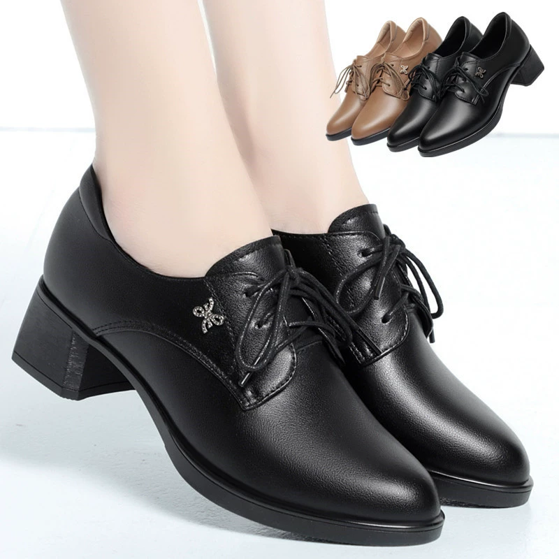 Черные маленькие кожаные туфли, Женская рабочая обувь на шнуровке со средней подошвой, женская обувь из мягкой кожи на толстом каблуке, обувь для мам, удобная Однослойная обувь из мягкой кожи