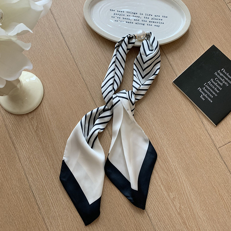 Pañuelo de seda, tira larga, sensación de alta calidad, estilo coreano, bufanda decorativa de lunares de doble capa, costura personalizada, bufanda de seda para mujer al por mayor