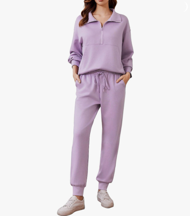 亚马逊女士两件套秋季旅行装长袖运动服慢跑套装半拉链运动服套装|undefined