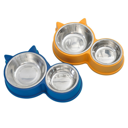 Cat-shaped dual-bowl stainless steel dining set wholesale home-style cat bowl integrated pet bowl to keep your mouth dry while feeding and drinking