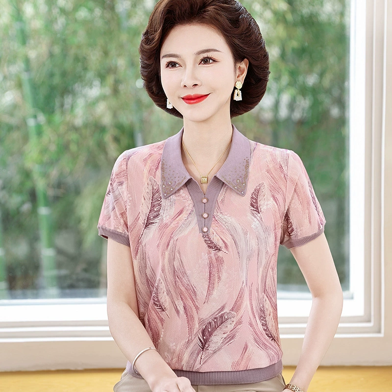 Новая летняя футболка с короткими рукавами и лацканами для мамы, модный тонкий топ из ледяного шелка большого размера для женщин среднего и пожилого возраста с принтом