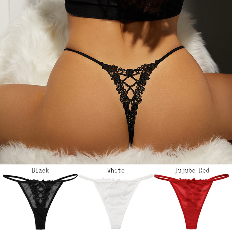 Sexy thin lace thin transparent sexy T-shaped underwear exquisite embroidered cotton crotch women's thong